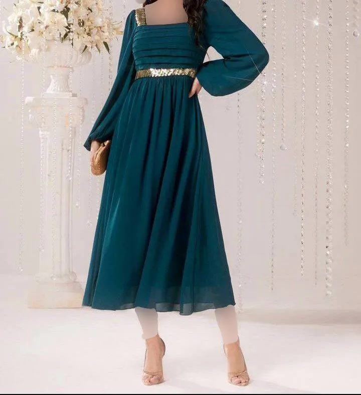 پیراهن مجلسی یقه مربعی یشمی